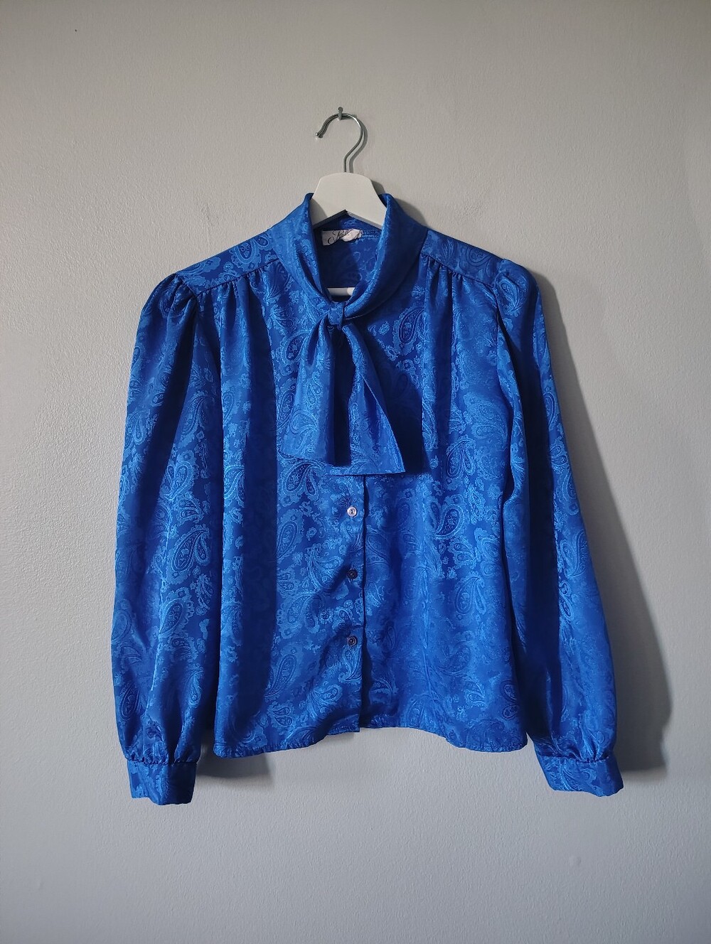 Vintage 80's Raffie Blue Paisley Tie-Neck Blouse